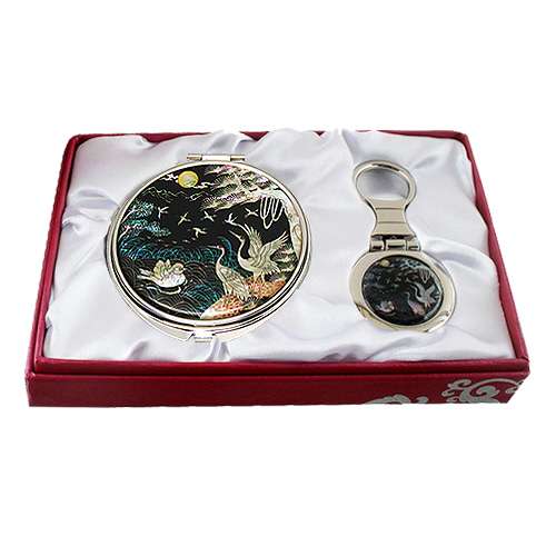 Abalone 2-Piece Set Mirror and Keyring with Mandarin Duck and Crane Design