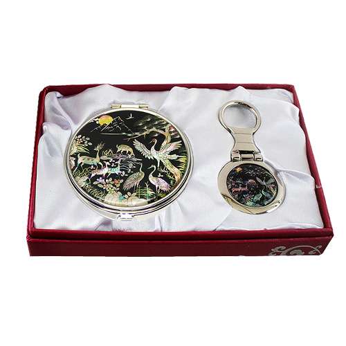 Mother-of-Pearl Mirror and Keyring 2-Piece Set - Deer and Crane