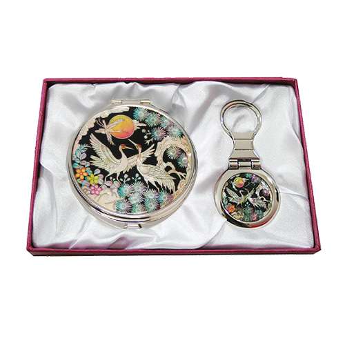 Mother-of-Pearl Mirror and Key Ring Set - Royal Crane Design 1