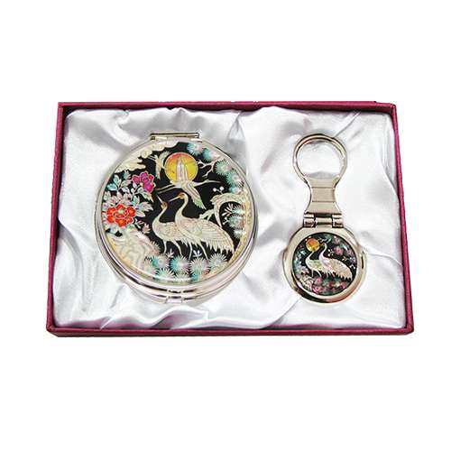 Mother-of-Pearl Mirror & Key Ring 2-Piece Set - Royal Crane Design 4
