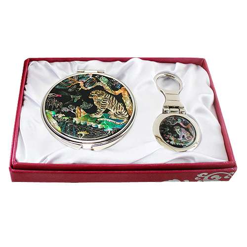 Natural Mother-of-Pearl Mirror and Keyring Set - Magpie and Tiger