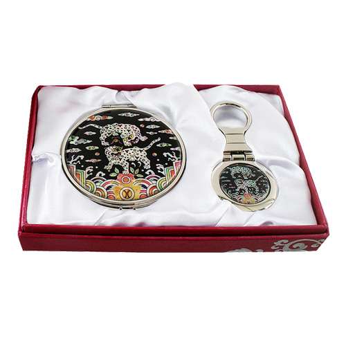 Mother-of-Pearl Mirror and Keyring Set (2 pieces) - Twin Tigers and Magpie Design