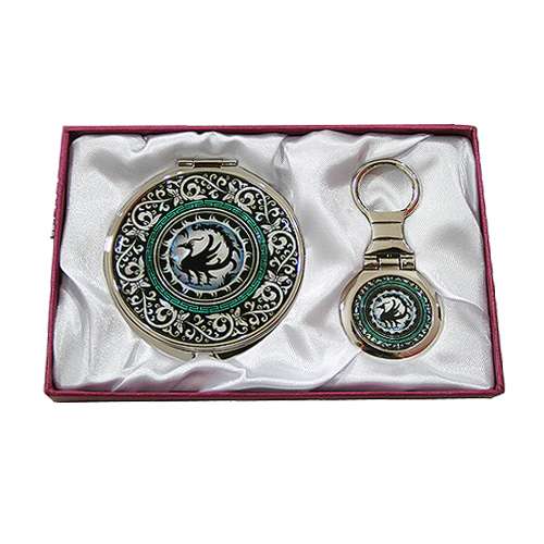 Mother-of-Pearl Mirror and Keyring Set, 2-piece - Three-Legged Bird