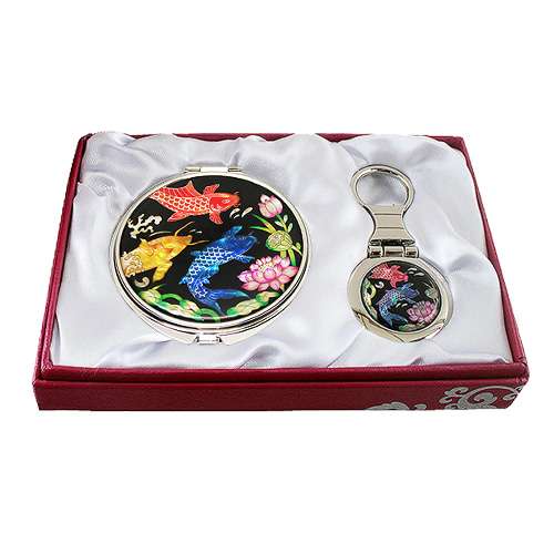 Mother-of-Pearl Mirror and Keychain Set (2-piece) - Koi