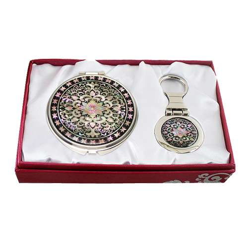 Mother-of-Pearl Mirror and Keyring Set (2-piece) - Acanthus Pattern