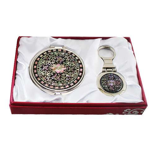 Mother-of-Pearl Mirror and Keyring Set (2 pieces) - Trailing Vine Pattern