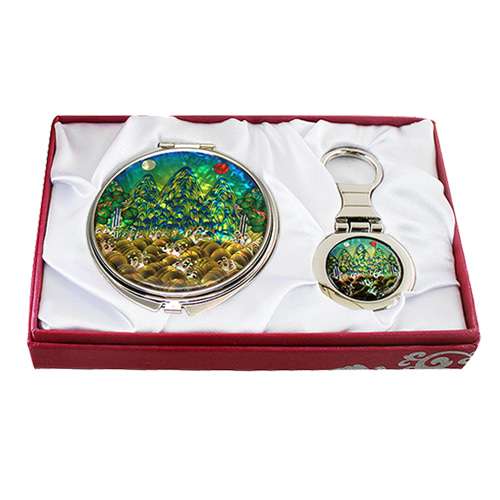 Mother-of-Pearl Mirror and Key Ring 2-Piece Set - Sun and Moon Design
