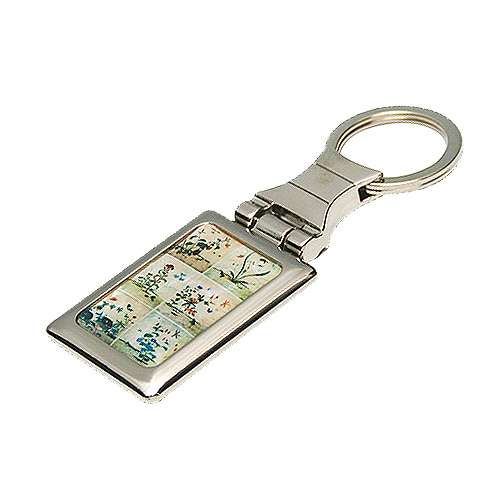 Mother-of-Pearl Square Keyring with Flower-and-Insect Design