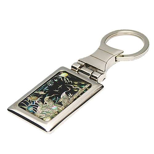 Mother-of-Pearl Square Keyring with Turtle and Crane Design