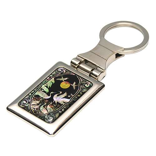 Mother-of-Pearl Square Keyring with Peony and Crane Design