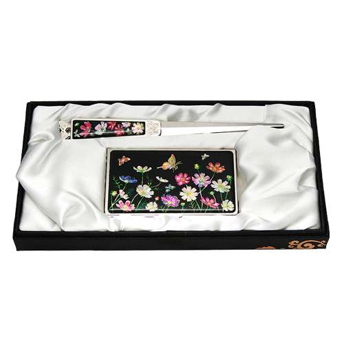 Natural Mother-of-Pearl Business Card Case Jigal 2-Piece Set Cosmos Black