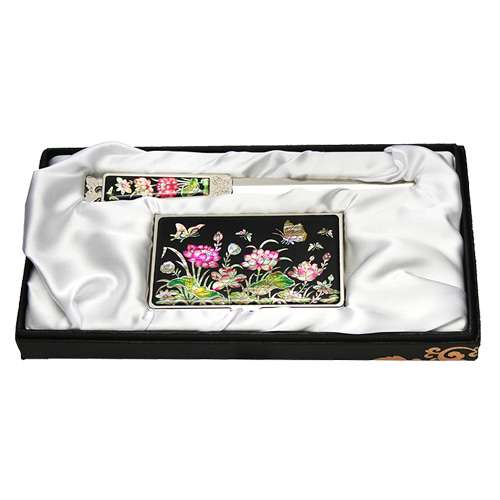 Mother-of-Pearl Business Card Case Ji-Kal 2-Piece Set Lotus Black
