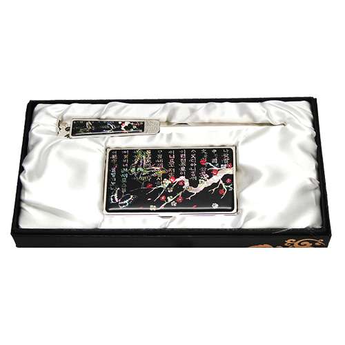 Mother-of-Pearl Business Card Case and Letter Opener Set - Plum Blossom Butterfly 1 Black