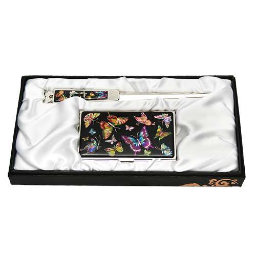 Mother-of-Pearl Business Card Case Zical 2-Piece Set Color Butterfly Black