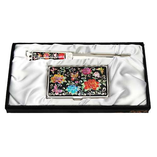 Mother-of-Pearl Business Card Case Jigal 2-Piece Set Peony Butterfly Black