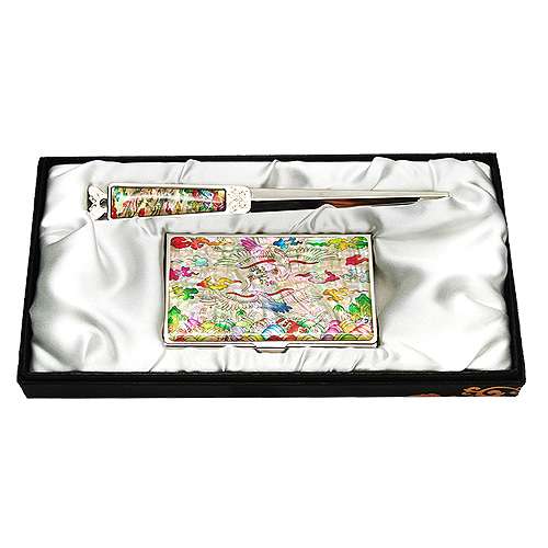 Mother-of-Pearl Business Card Case Jigal 2-Type White with Crane Insignia Pattern