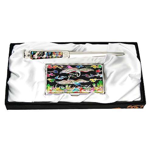Shell Inlay Business Card Case Holder 2-Piece Set Chest Badge Crane Black