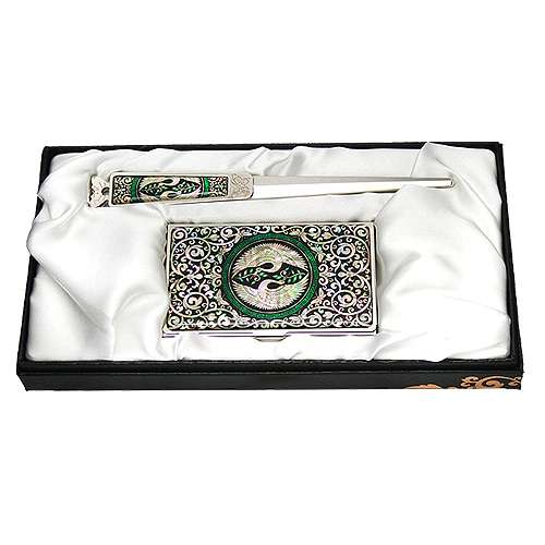 Mother-of-Pearl Business Card Case and Letter Opener Set (2 pieces) - Dual Cranes