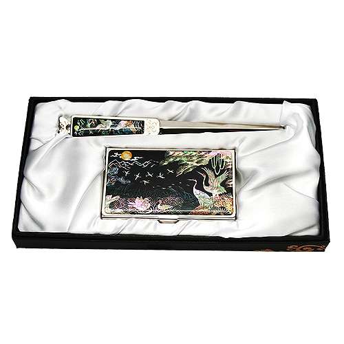 Mother-of-Pearl Business Card Case Set of 2 - Mandarin Ducks and Cranes