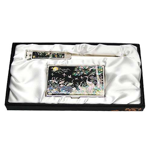 Mother-of-Pearl Business Card Case Jigal 2-Piece Set - Turtle and Crane