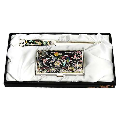 Mother-of-Pearl Business Card Case Jical Set of 2 Ten Longevity Pine and Crane