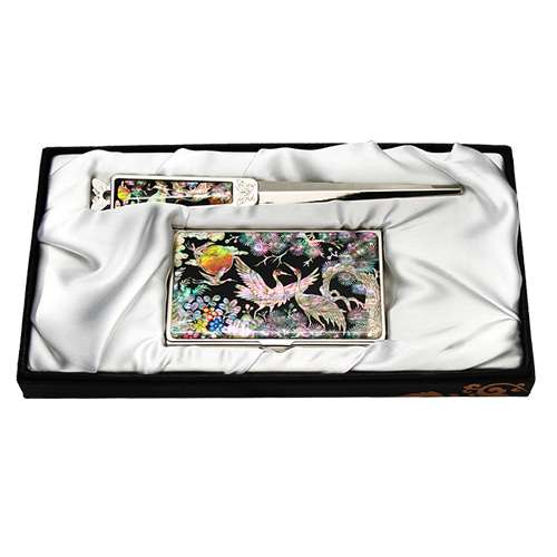 Mother-of-Pearl Business Card Case and Letter Opener Set 2-Piece Palace Cranes 1