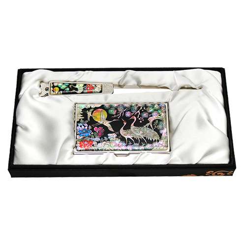Natural Mother-of-Pearl Business Card Case and Letter Opener Set 2-Piece - Royalty Crane Design 4