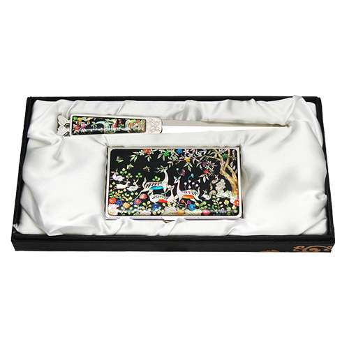 Mother-of-Pearl Business Card Case and Letter Opener Set - Deer Design