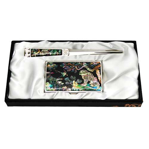Mother-of-Pearl Business Card Case and Knife Set of 2 - Magpie and Tiger