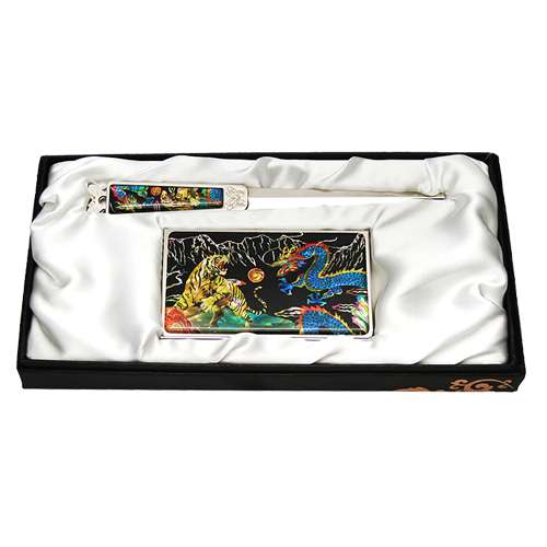 Mother-of-Pearl Business Card Case Wallet 2-Piece Set - Dragon and Tiger