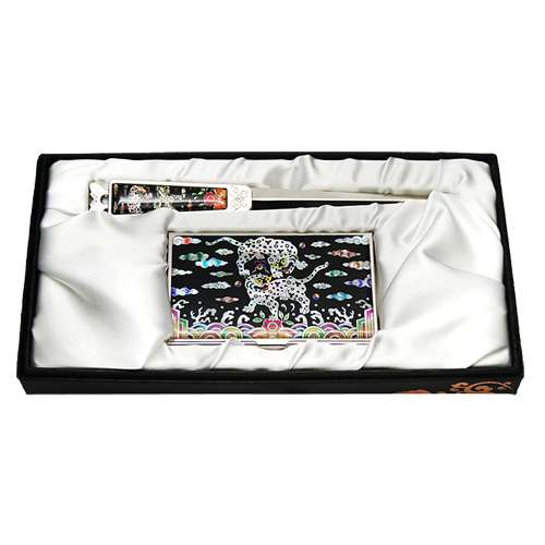 Mother-of-Pearl Business Card Case Jigal 2-Piece Set with Double Tiger and Magpie Design