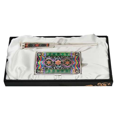 Mother-of-Pearl Business Card Case and Letter Opener Set (2 pieces) - Roof Dancheong Pattern