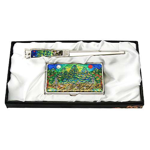 Mother-of-Pearl Business Card Case and Letter Opener Set (2-Piece Sun and Moon Design)