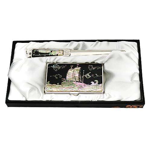 Mother-of-Pearl Business Card Case and Nail File Set - Turtle Ship Design (2 Types)