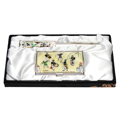 Mother-of-Pearl Business Card Case and Nail File 2-Set: Nongak Play