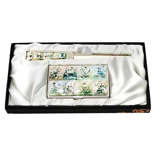 Mother-of-Pearl Business Card Case 2-Piece Set - Insects and Plants Design