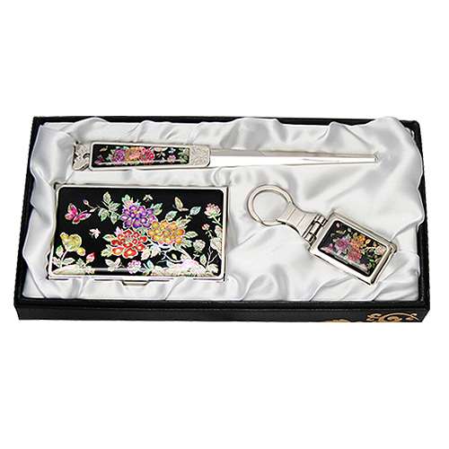 Mother-of-Pearl Business Card Case Set of 3 Peony Flower