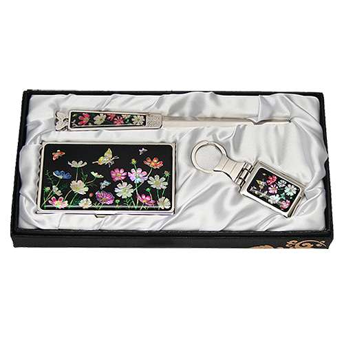 Mother-of-Pearl Business Card Case Jigal 3-Piece Set Cosmos Black