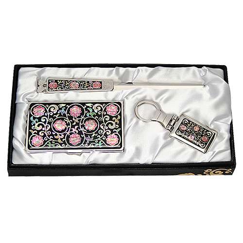 Shell Inlay Business Card Case Jigal 3-Piece Set Arabesque Flower