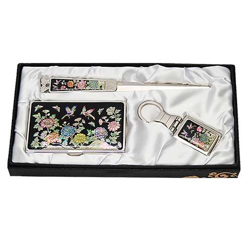Mother-of-Pearl Business Card Case Jigal 3-Piece Set with Flowers and Birds