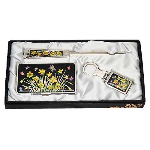 Mother-of-Pearl Business Card Case Jigal 3-Piece Set - Daffodil