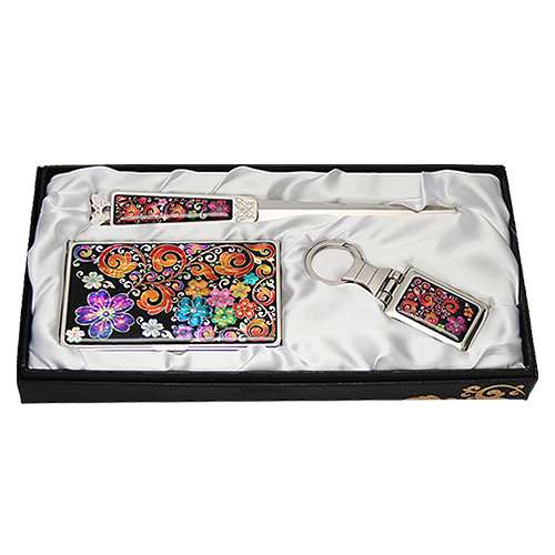 Natural Mother-of-Pearl Business Card Case Jigal 3-Piece Set - Traditional Scrollwork Plum Blossom Pattern