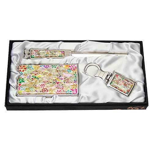 Mother-of-Pearl Business Card Case Jigal Set 3-Piece Flower Butterfly 1 White