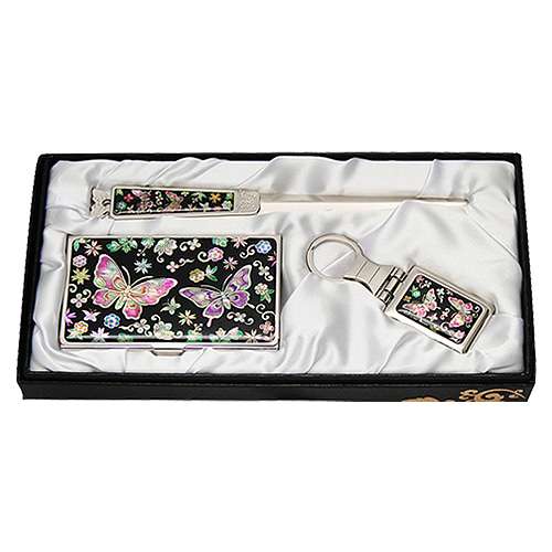 Mother-of-Pearl Business Card Case Holder 3-Piece Set Flower Butterfly 2
