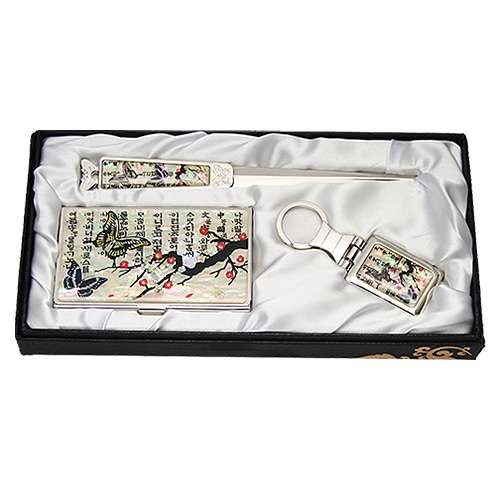 Mother-of-Pearl Business Card Case Jigal 3-Piece Set Plum Blossom Butterfly 1 White
