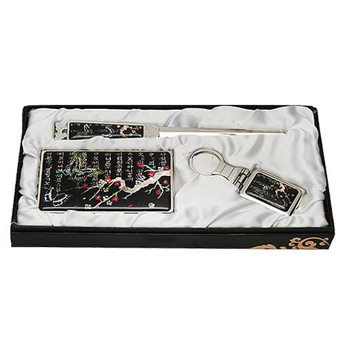 Mother-of-Pearl Business Card Case Jigal 3-Piece Set Plum Blossom Butterfly 1 Black