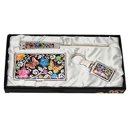 Mother-of-Pearl Business Card Case Jigal 3-Piece Set Plum Butterfly 2