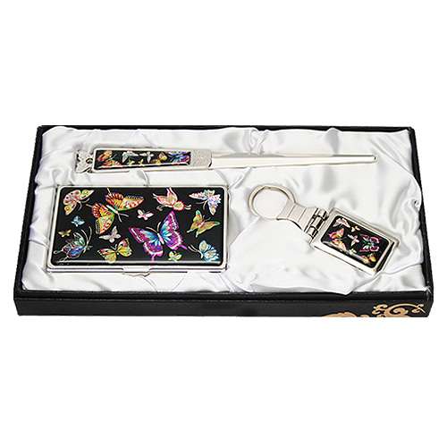 Mother-of-Pearl Business Card Case Jigal 3-Piece Set Colored Butterfly Black