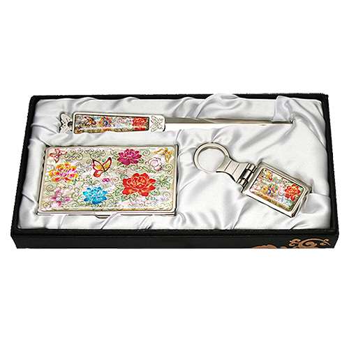 Mother-of-Pearl Business Card Case Set of 3 - Peony Butterfly White