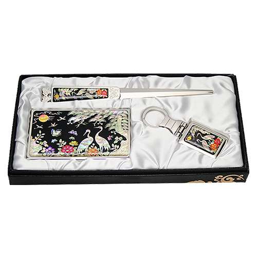Mother-of-Pearl Business Card Case Holder Set of 3 - Peony and Crane